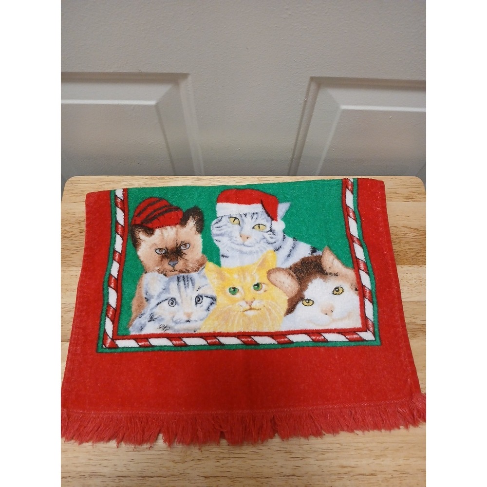 Christmas Cat Hand Towels Set of 2 Santa Hat Kitties Red Fringe Xmas Towel